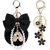 YOU WIZV Initial Letter Keychain for Women Girls Cute Bow Flower Puff Ball Pom Purse Bag Chains for Handbags Backpack