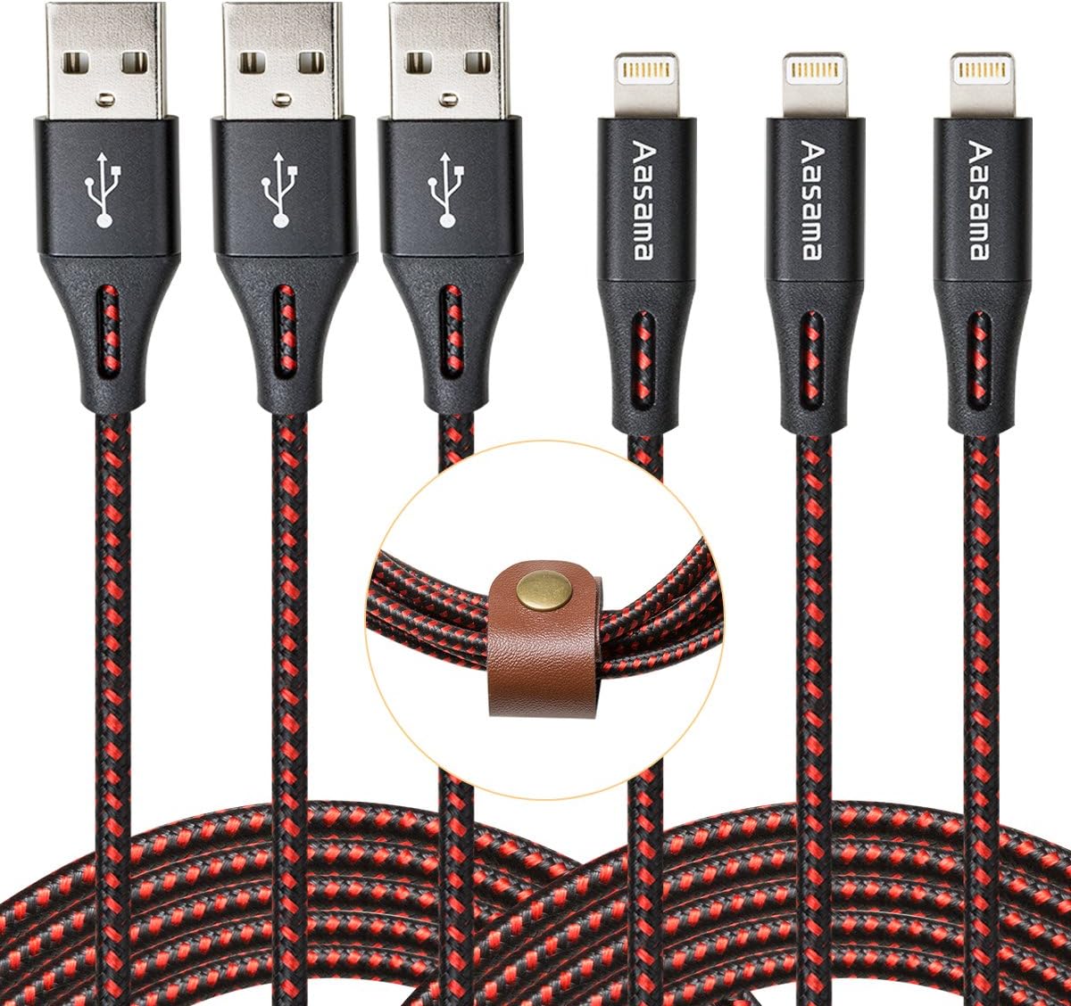 Aasama iPhone Charger 3 Pack 6 Feet Nylon Braided 8 Pin Lightning to USB Cable (With Leather Strap)