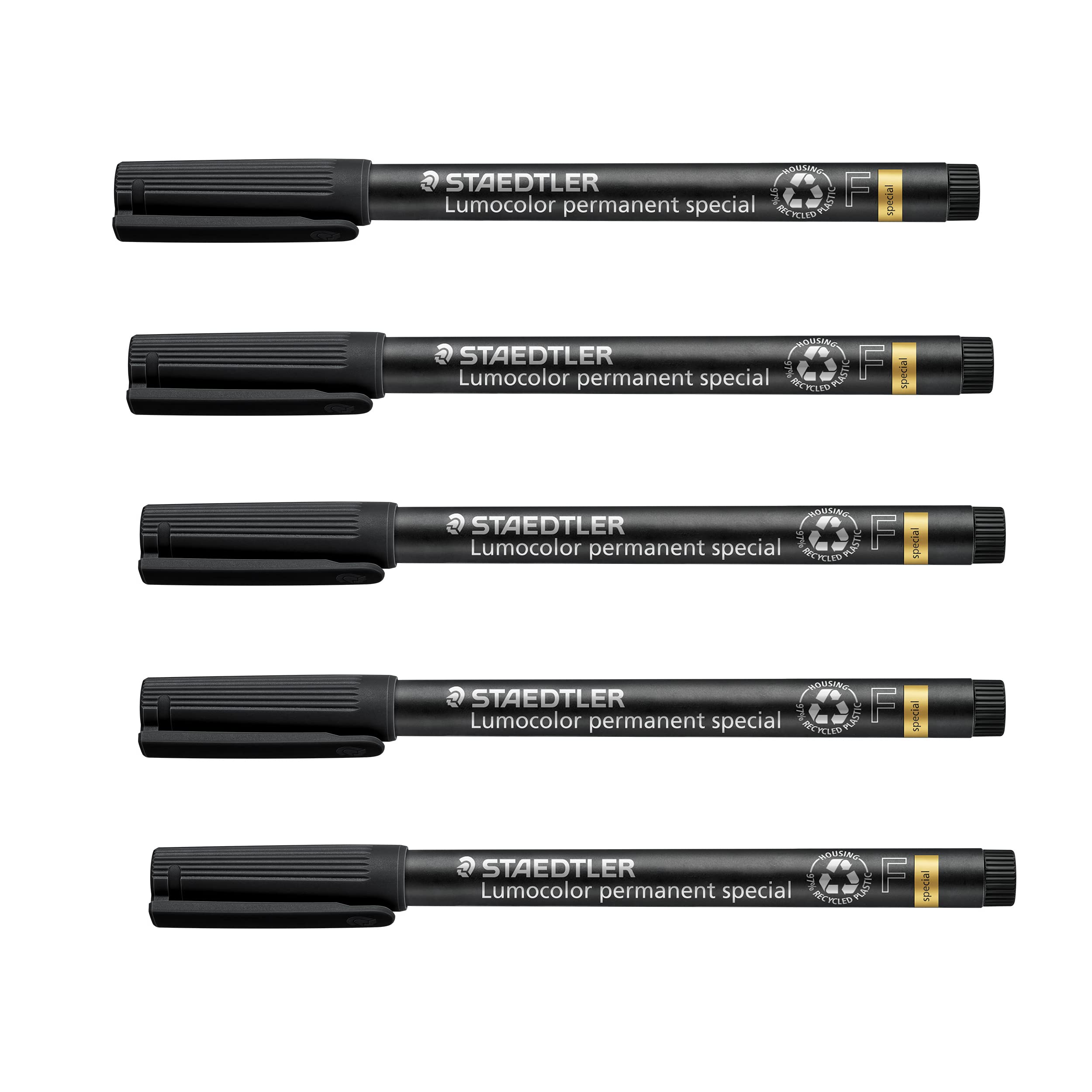 STAEDTLER Lumocolor Special F-Tip Foil Pen, 5 Waterproof Permanent Markers in Black, Line Width Approx. 0.6 mm