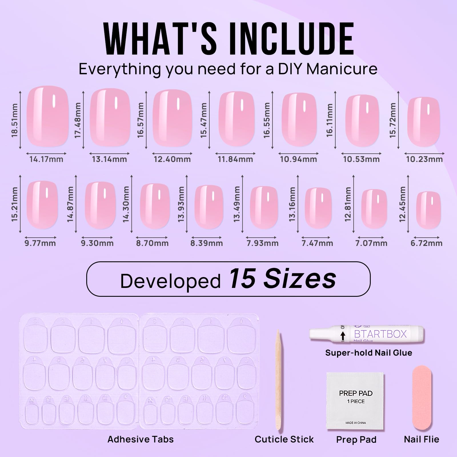 BTArtbox Press On Nails Short - Square Press On Nails, Pink Chrome Nail Tips Glue On Nails with Nail Glue, Reusable Stick On Nails in 15 Sizes - 30 Soft Gel Fake Nails Kit, Lotus Glazed - Image 6