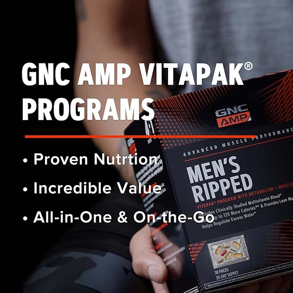 GNC AMP MEN’S RIPPED VITAPAK PROGRAM, 4 IN 1 PRODUCT VITAMIN PACK, METABOLISM & LEAN MUSCLE TONE, BURN CALORIES, WATER SHEDDING, ADULT MULTIVITAMIN, CAFFEINE, CLA, PROVEN INGREDIENTS, 30-DAY SUPPLY