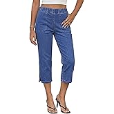 luvamia Capri Jeans for Women Trendy Pull On Elastic Waist High Rise Side Split Stretchy Relaxed Fit Denim Capris Pants