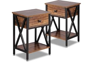VECELO Modern Versatile Nightstands X-Design Side End Table Night Stand Storage Shelf with Bin Drawer for Living Room Bedroom, Set of 2 (Brown)