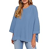 Tankaneo Women's Oversized Sweaters Casual 3/4 Long Sleeve Crewneck Ribbed Knit Split Tunics Fall Loose Pullover Tops