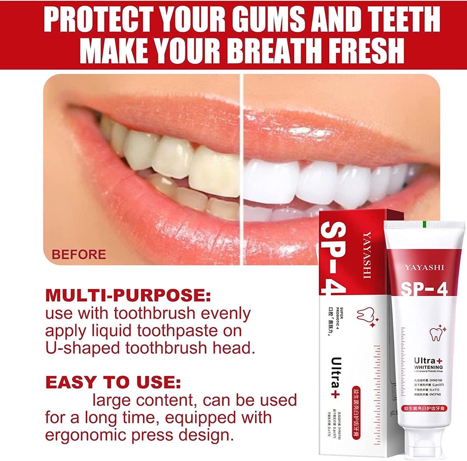 Sp-4 Probiotic Whitening Toothpaste, Ultra Whitening Toothpaste, Sp-4 Ultra Whitening (Red)