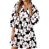 Cicy Bell Womens Floral Mini Dresses 3/4 Balloon Sleeve V Neck Flowy Babydoll Dress Summer Beach Vacation Boho Outfits