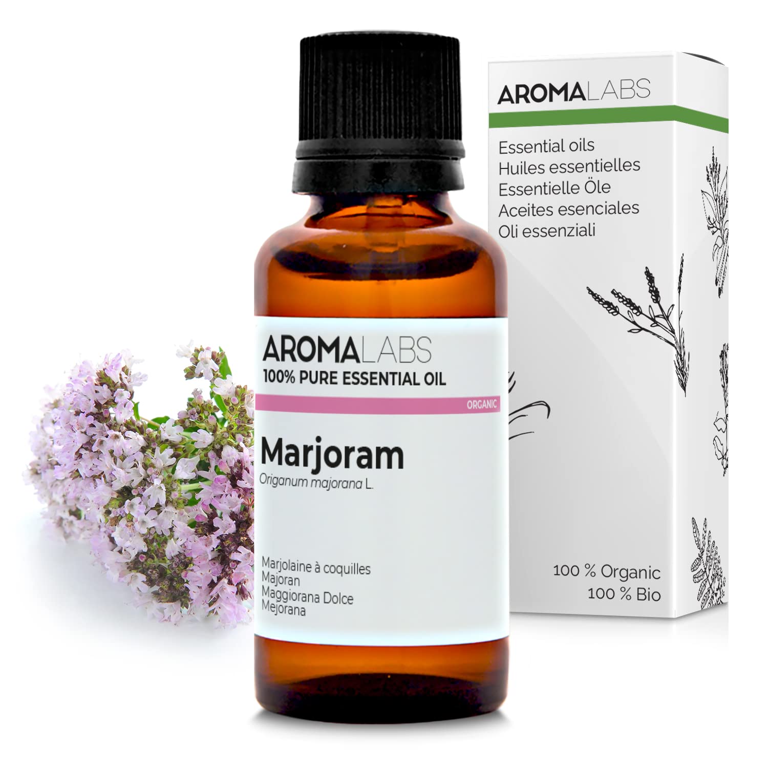 BIO - Marjoram Essential Oil - 30mL - 100% Pure, Natural, Chemotyped and AB Certified - AROMA LABS (French Brand)