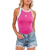 siliteelon Womens Colorblock Racerback Crew Neck Casual Basic Ribbed Fitted Tank Top Sleeveless Camis