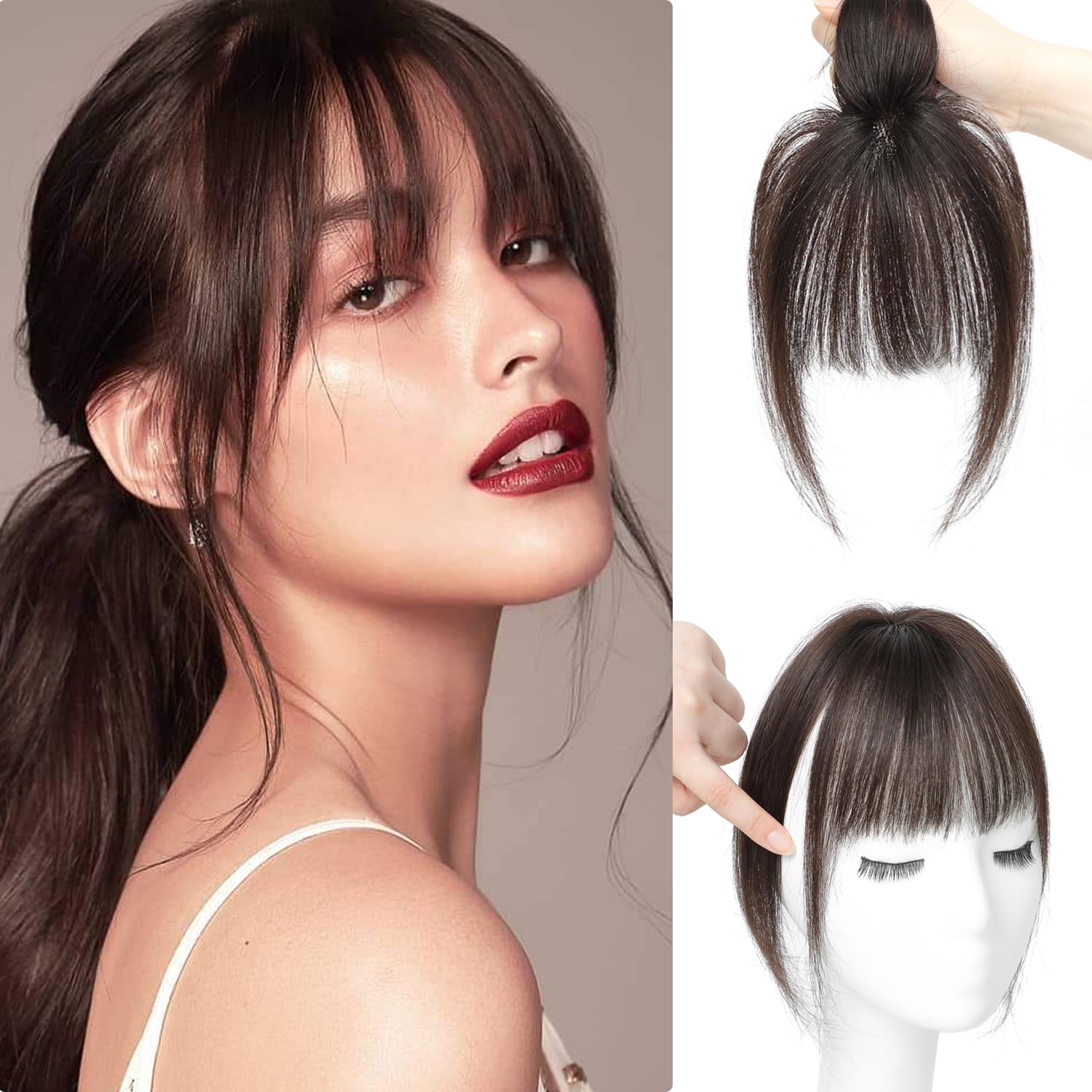 Lasunork Fringe Clip in Hair Clip in Hair Extensions Real Human Hair 100% Human Hair Extensions 360°Cover Bangs For Daily Wear (Dark Brown) — image 1