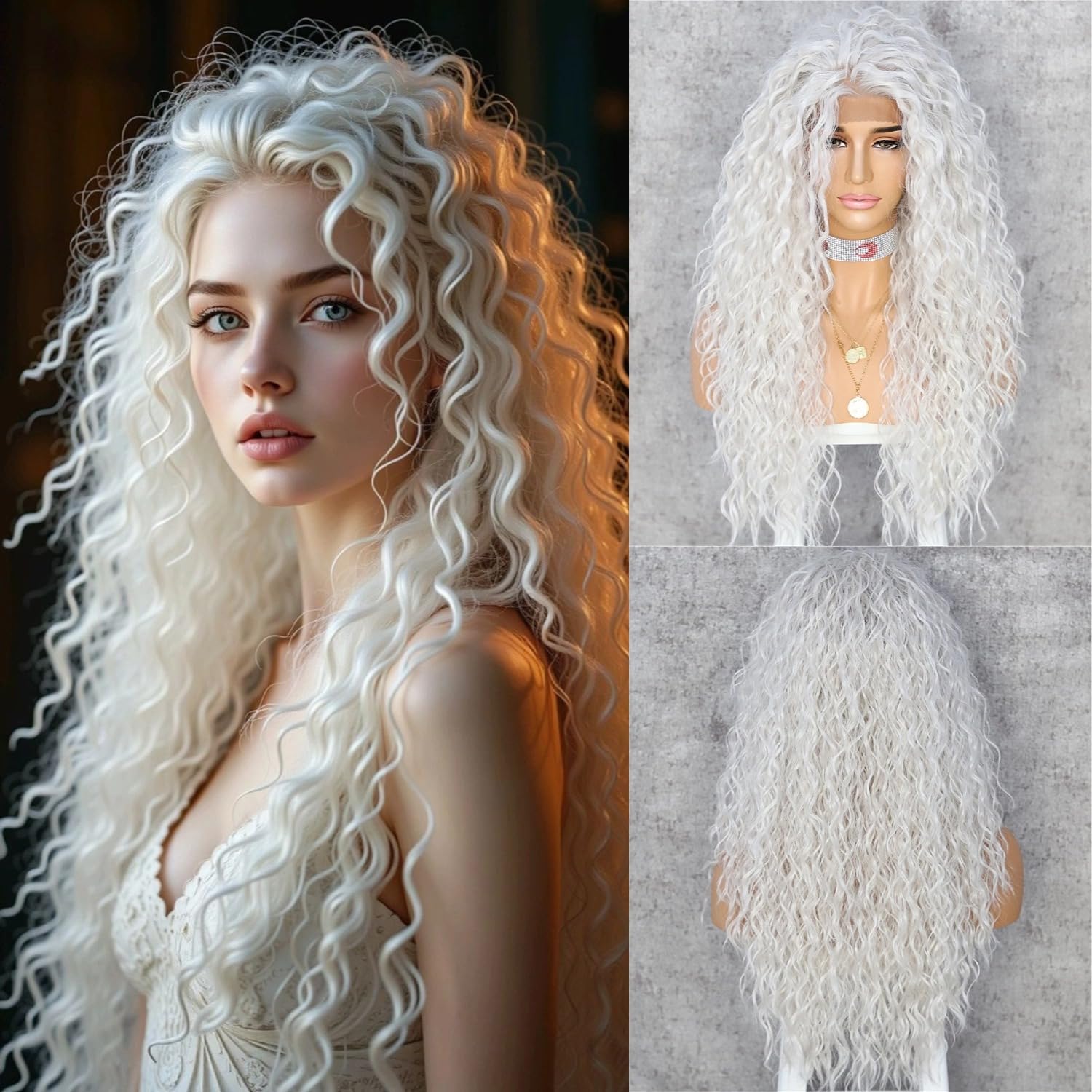 Sapphirewigs Curly Lace Front Wig Platinum Grey Synthetic Wigs for Women 13x3 Daily Wear Party Christmas Halloween Heat Resistant 26 inch