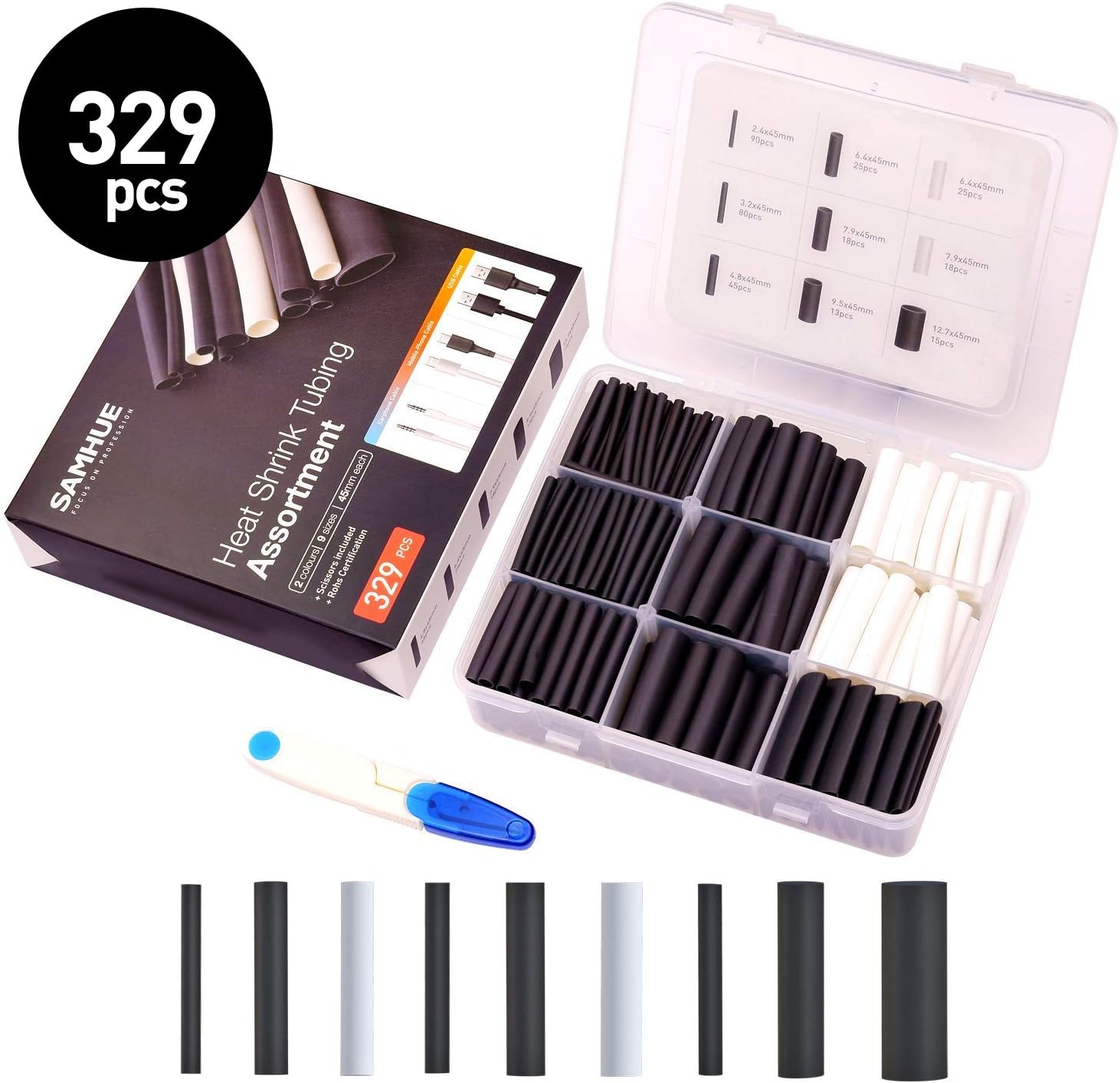 329Pcs 3:1 Heat Shrink Tubing Kit, Dual Wall Adhesive Lined Heat Shrink Tubing Tube with 7 Sizes, 2 Colors (Black&White)