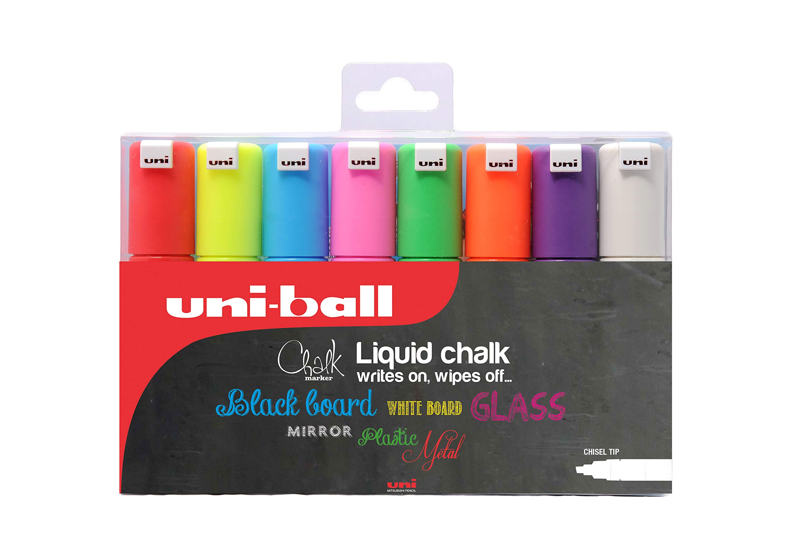 uni-ball PWE-8K Liquid Chalk Pens. Multi-Purpose Wipeable Coloured Markers for Blackboards, Chalkboards, Whiteboards, Glass, Mirrors, Plastic, Windows, Metal. Safe for Kids. Chisel Tip 8mm. 8 Pack