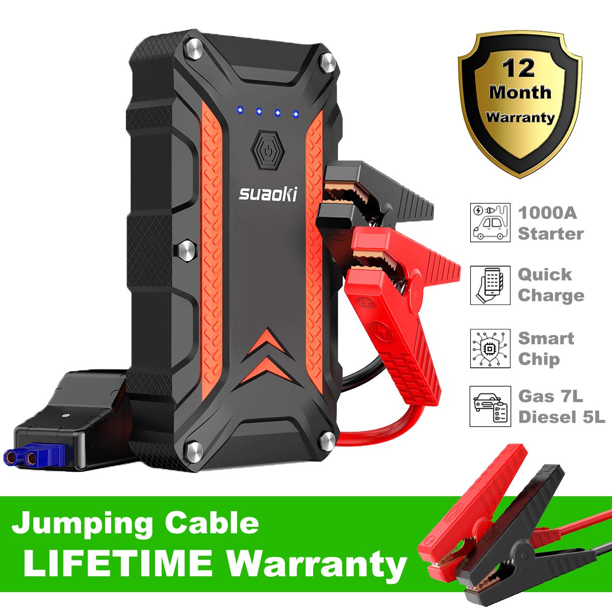 SUAOKI Car Jump Starter, 1000A Peak 12V Protable Auto Vehicle Battery Booster (up to 7L gas 5L