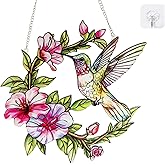 Stained Glass Window Hanging Hummingbird and Flower Suncatcher, Marzovitra 10 Inch Colorful Window Art Bird Sun Catcher for Home Decor, Garden, Patio, Gift for Nature and Bird Lovers