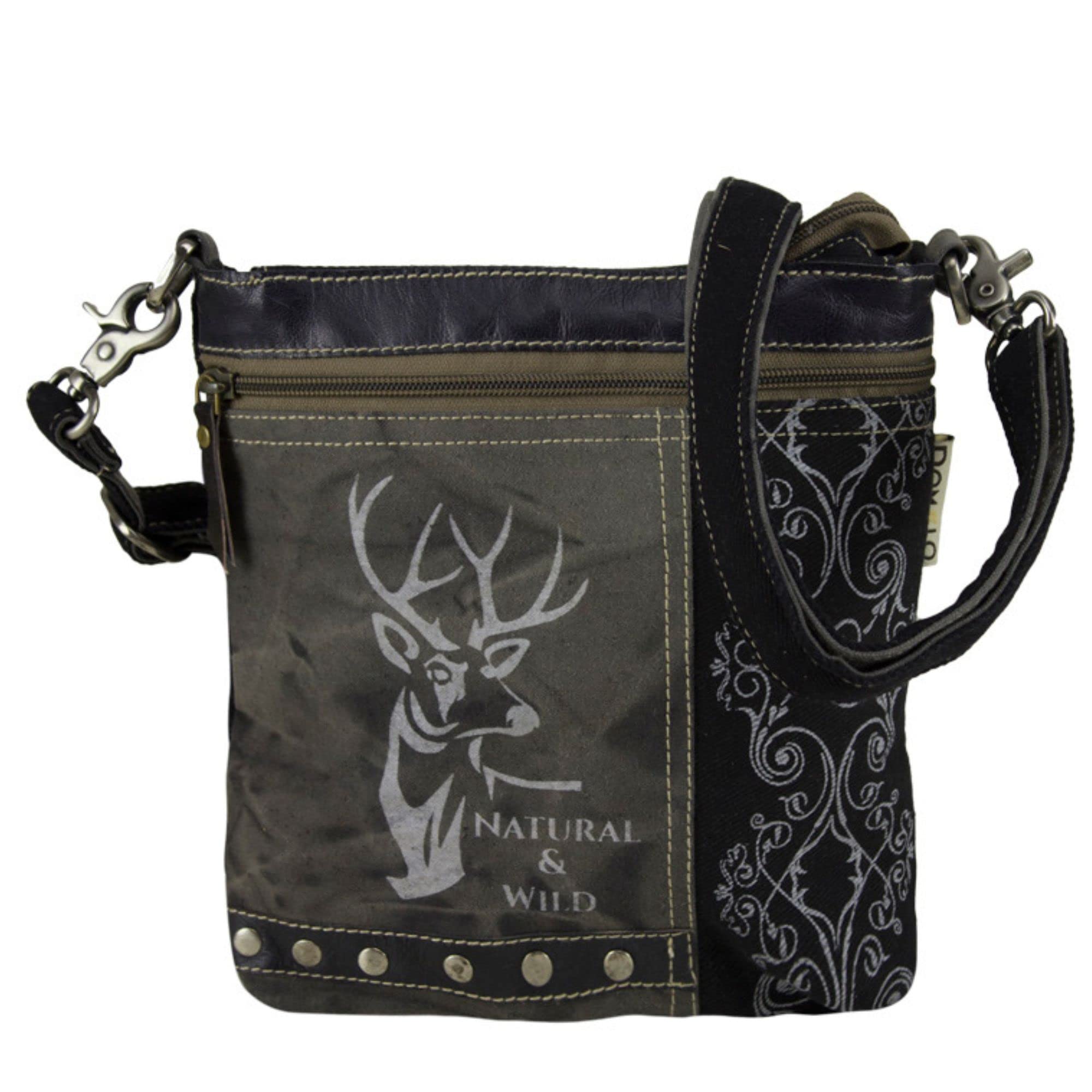 Domelo Women's Costume Bag Small Traditional Canvas Bag with Deer Motif. Vintage Style Oktoberfest Shoulder Bag. Grey Black Crossbody Bag, black, 25x26x5 cm, Retro