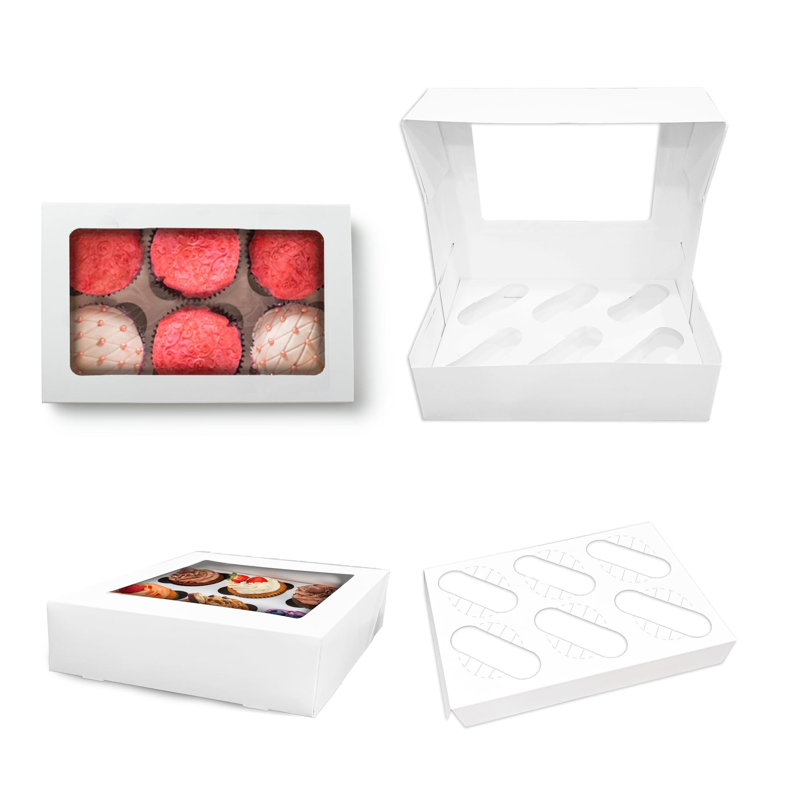 Amour 6 Hole Cupcake Box – 10 Pcs Lightweight Cupcake Boxes with Clear Viewing Window & Removable Insert Tray for 6 Standard Size Cupcakes & Muffins - Easy to Assemble (6 holes)