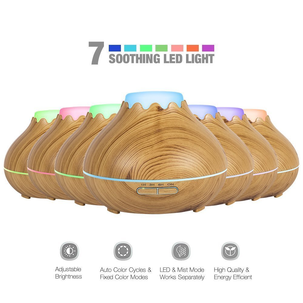 Umidificatore legno 150ml, Aroma diffusore, Wood looking umidificatore Snowberg Cool Mist Olio essenziale 7 colori LED Diffusore ad ultrasuoni per uso domestico Baby Office (aspetto del legno chiaro)