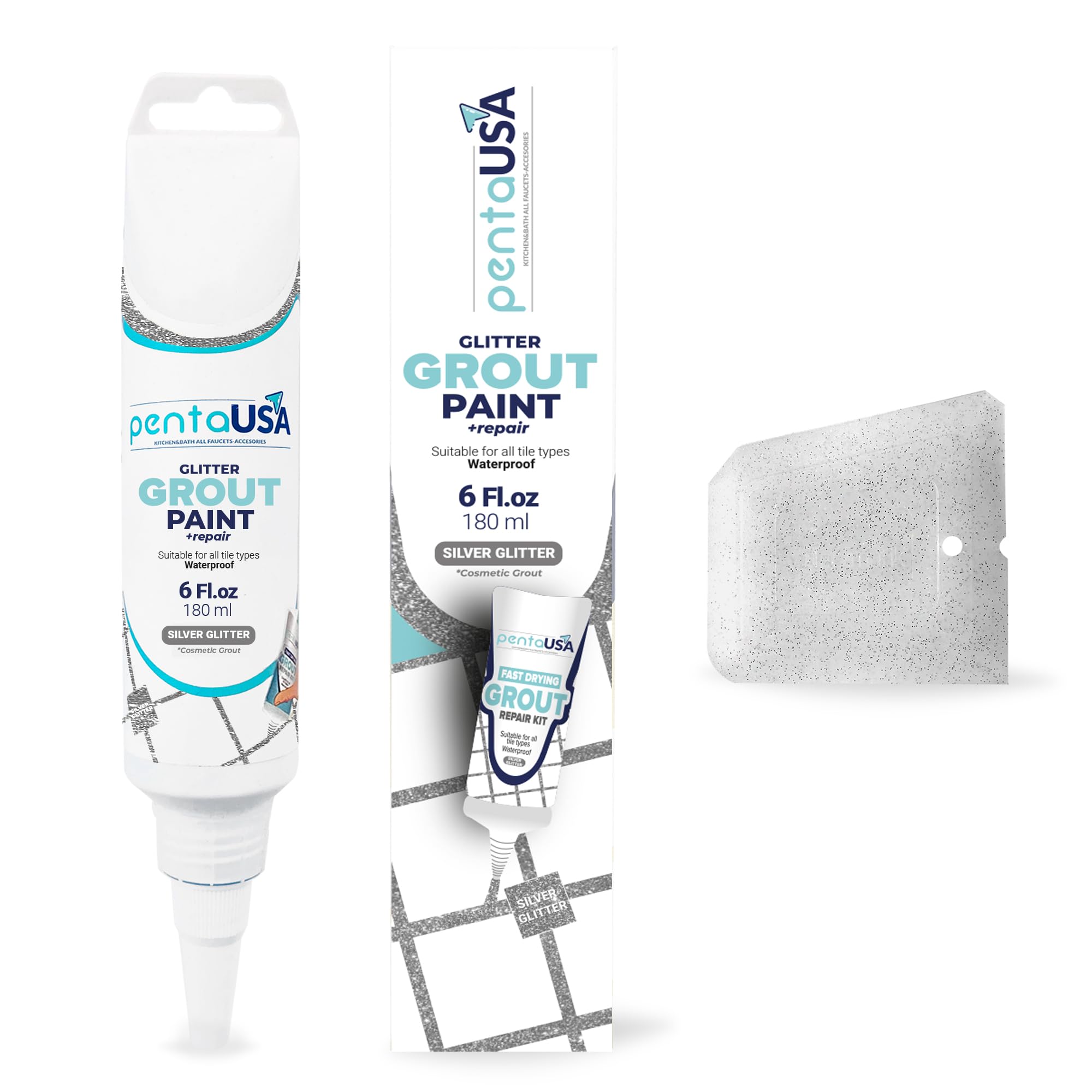 PENTAUSA Grout - Glitter Grout for Tiles, Ready Mixed, Gliterred Shiny Grouting Set with Grout Floater (180 ml) (SILVER)