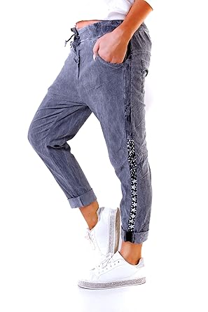 Moda Italy Chino Hose im Jogging Style Strass + Glitter Blau