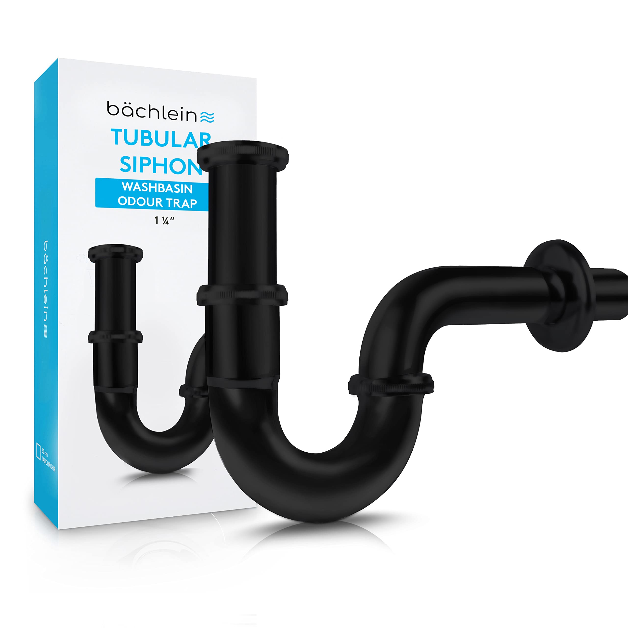 Bächlein Premium Universal Siphon for Washbasin (Standard 85mm Black) - Odour Trap incl. Rubber Sleeve + Installation Instructions - Tubular Siphon