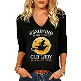 Woffccrd Womens 3/4 Sleeve V Neck Halloween T Shirts Plaid Pumpkin Shirts Thanksgiving Autumn Graphic Tee Tops