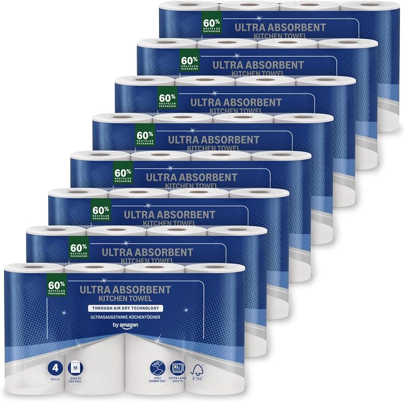 by Amazon Ultra-saugfähige TAD-Küchenrolle, 32 Rollen (8 Packungen à 4), 51 Blätter pro Rolle, (früher “Presto!”)