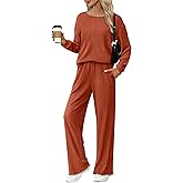 Ekouaer Lounge Sets for Women Comfy Ribbed Knit Pajamas Fall Long Sleeve Sleepwear 2 Piece Casual Loungewear,S-XXL