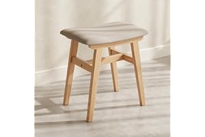 Muwuele Solid Wood Vanity Stool, Compact Makeup Chair with Saddle Cushion, Linen-Covered High Rebound Sponge Seat, Easy Assem