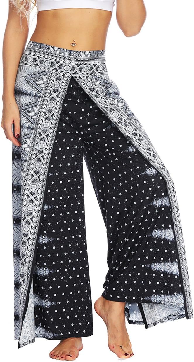 AMOMAWomen Wide Leg Side Slit Yoga Pants Elastic Wasit Loose Trousers Folk Aladdin Boho Style