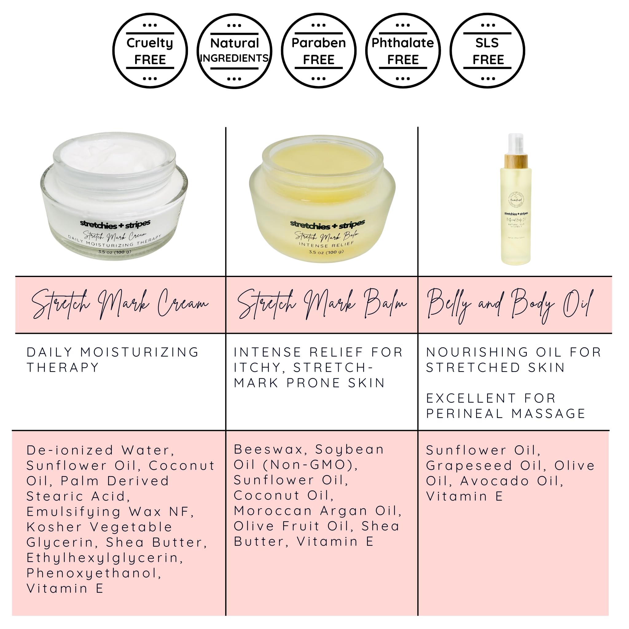 Stretchies and Stripes Bump and Body Stretch Mark Deluxe Gift Set | Body Oil, Stretch Mark Balm, Stretch Mark Cream | Pregnancy Safe | Gift for Mom