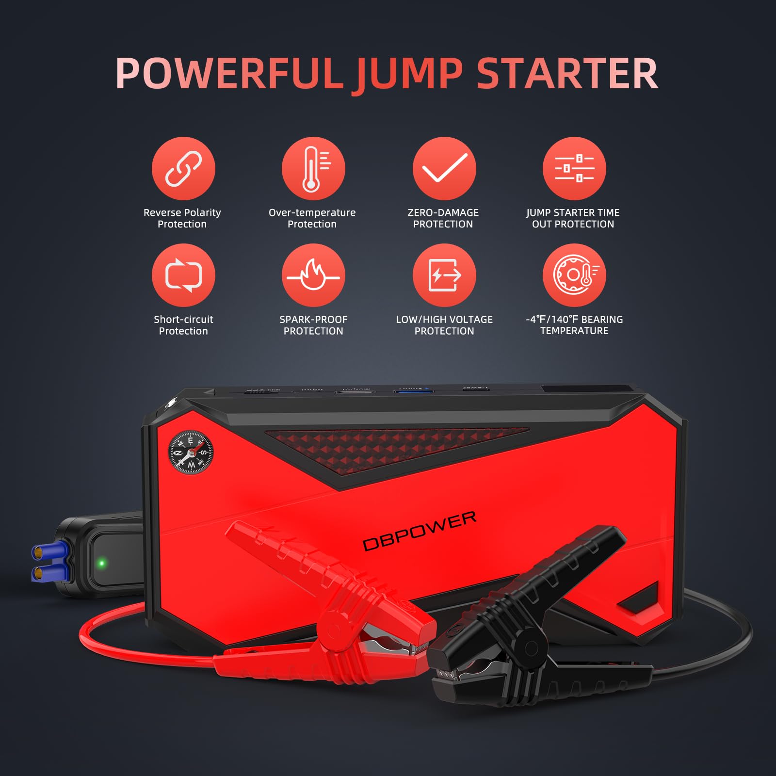 DBPOWER 1600A Peak 63.64Wh Portable Car Jump Starter (up to 7.2L Gas/5.5L Diesel Engine) Battery Booster with Smart Charging Port, LCD Display, Compass, LED Light and Intelligent Jumper Clamps