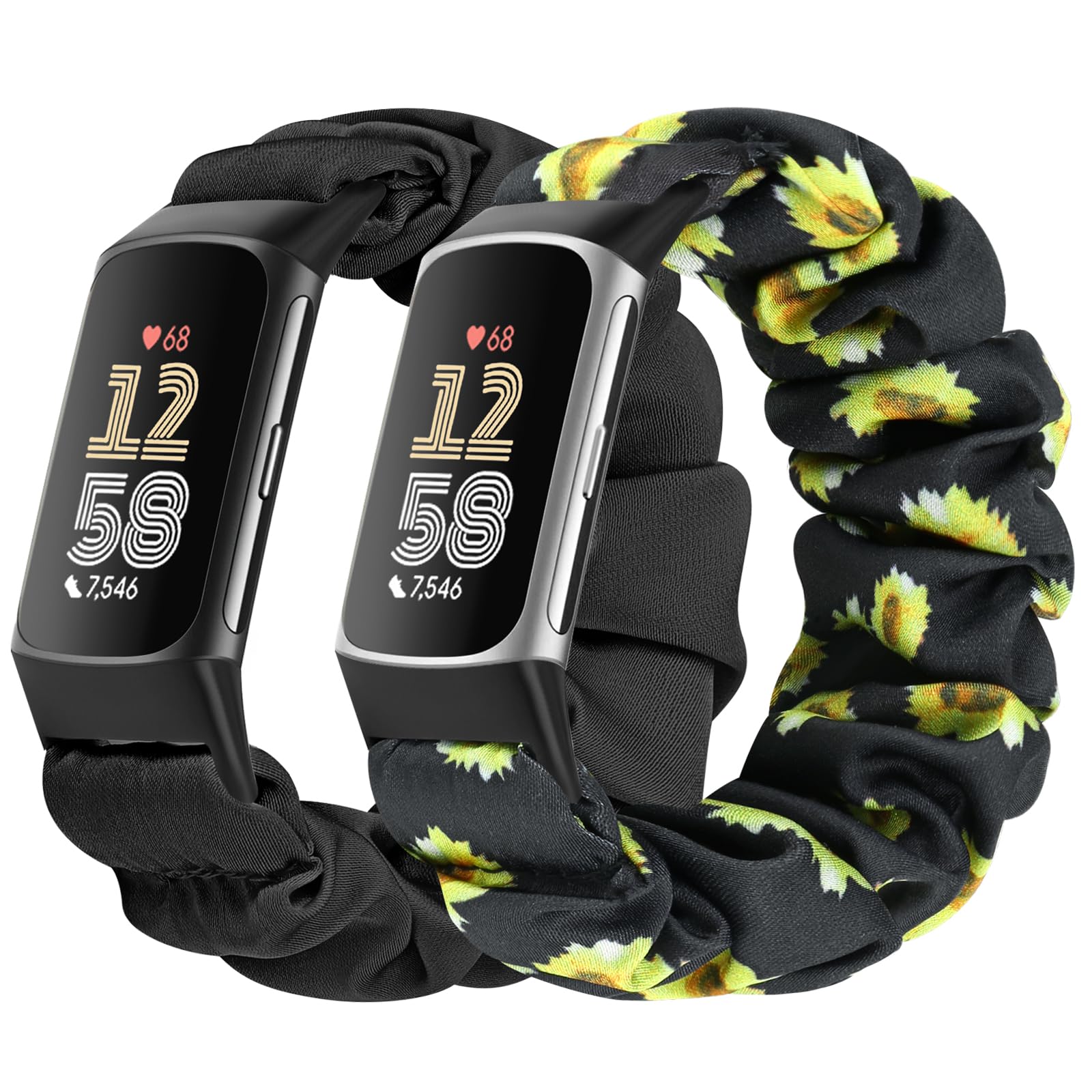 Bcuckood 2 Packs Scrunchie Straps Compatible with Fitbit Charge 6/Charge 5, Soft Cute Pattern Printed Fabric Elastic Solo Loop Cloth Scrunchy Replacement Wristband for Women Girls