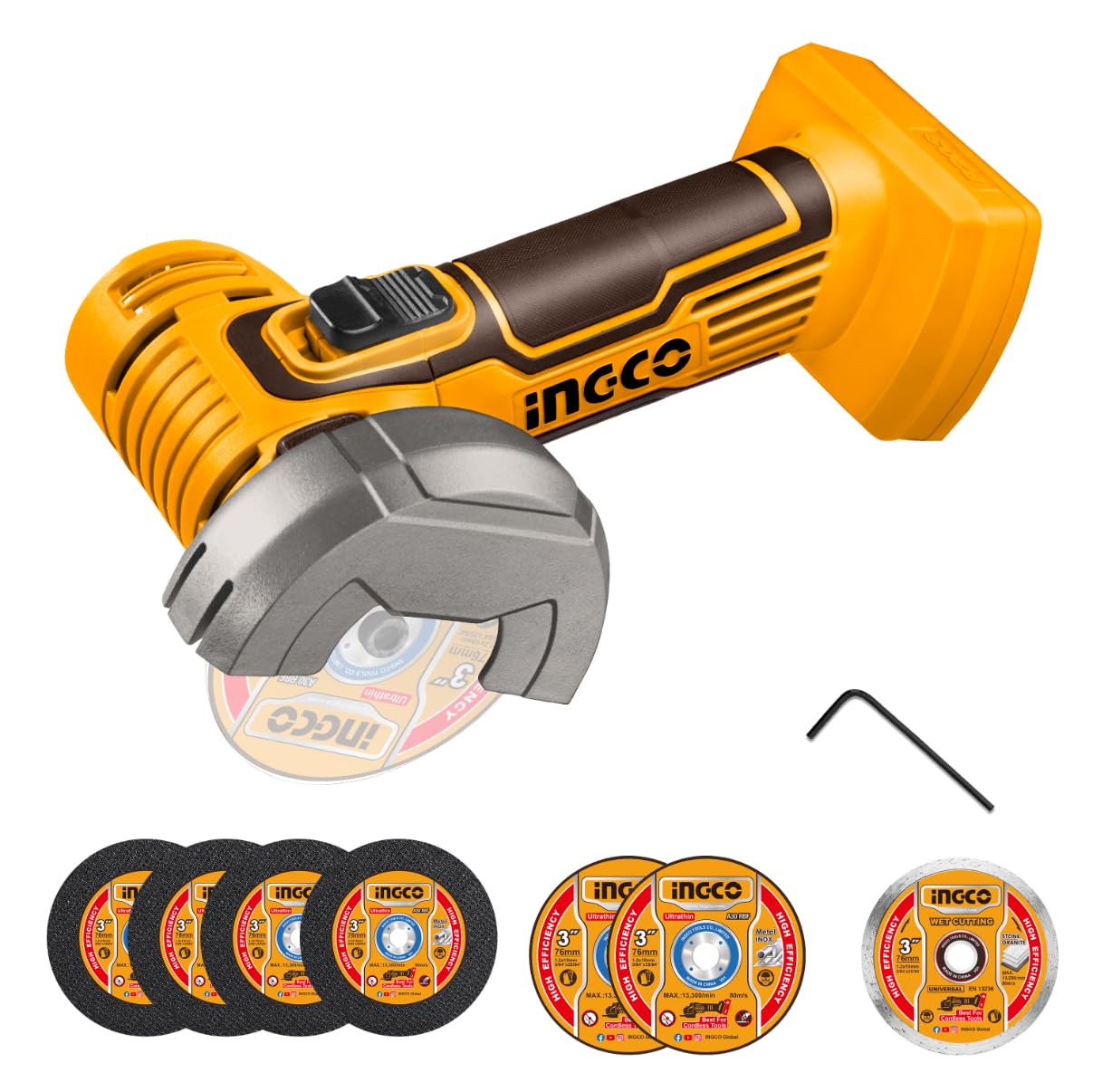 INGCO 20V Mini Cordless Angle Grinder (Body Only) 19500RPM, 76mm Disc Diameter, Mini Cutter Cut-Off Tool M6 for Cutting Polishing and Sharpening CAGLI76011