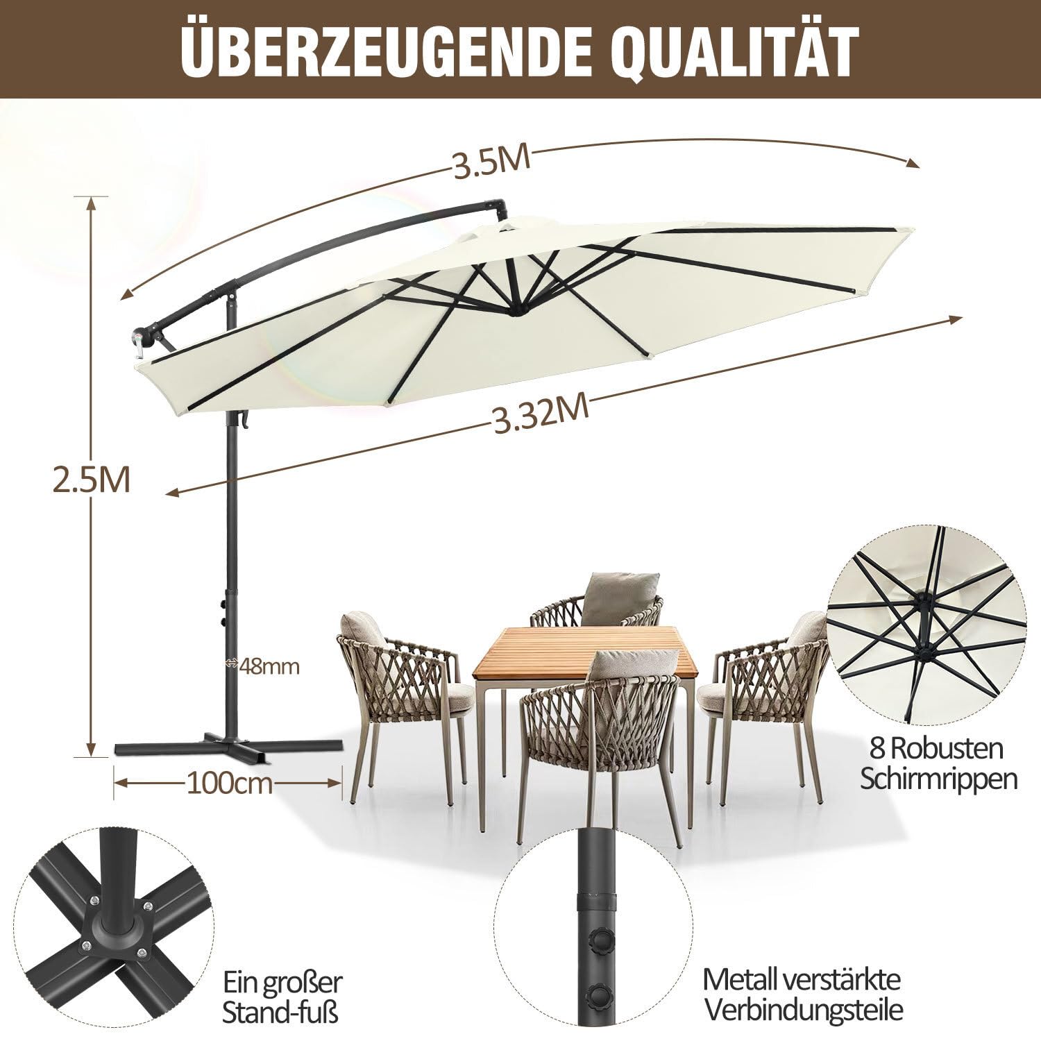 Joparri Sonnenschirm Beige Ø 300 cm mit Kurbel| Ampelschirm mit Ständer | Gartenschirm Sonnenschutz UV-Schutz Aluminium | Kurbelschirm Marktschirm wasserdicht 5