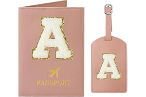 JOYRNALK Pink Leather Passport Holder, Case and Luggage Tags - Initialed Chenille Patch - Family Travel Essentials