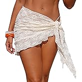 ZAFUL Womens Crochet Cover Up Mini Skirts Knit Fishnet See Through Tie Side Beach Wrap Bathing Suit Coverups(1-Apricot, F)