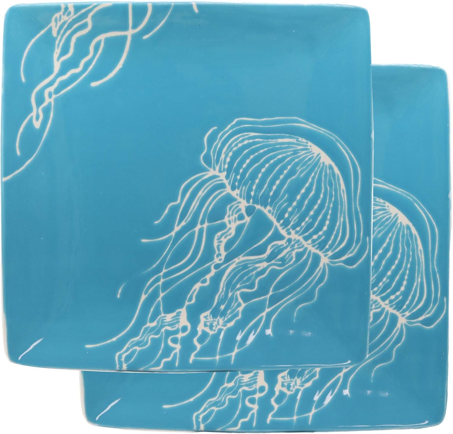 Ebros Nautical Coastal Ocean Sea Marine Jellyfish Abstract Art Soothing Blue Large Dinner Plate Set of 2 Square 10.75" Plates Dishwasher Microwave Safe Jelly Fish Dinnerware Dishes