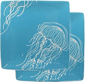 Ebros Nautical Coastal Ocean Sea Marine Jellyfish Abstract Art Soothing Blue Large Dinner Plate Set of 2 Square 10.75" Plates Dishwasher Microwave Safe Jelly Fish Dinnerware Dishes