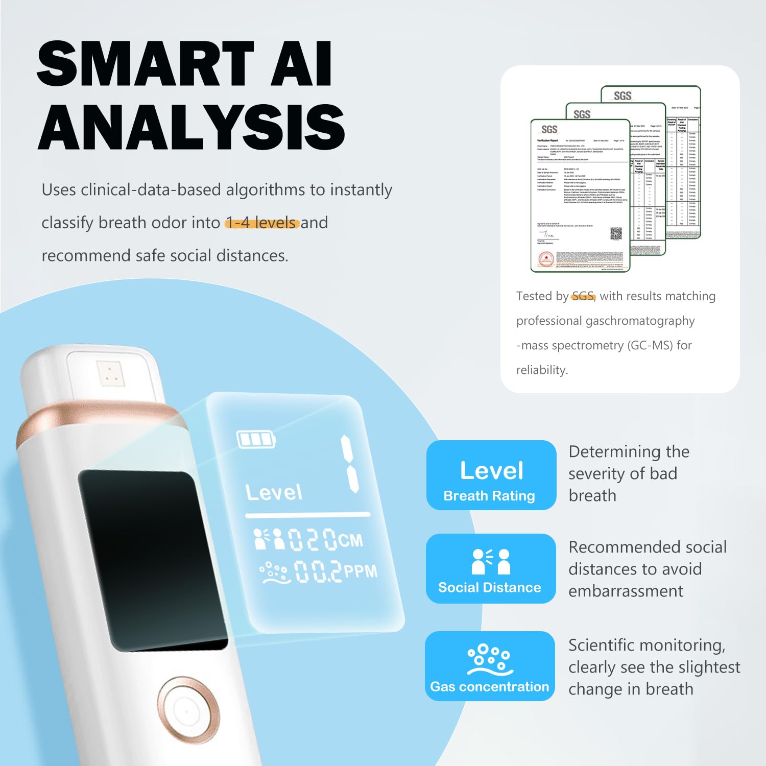 Futry Smart Bad Breath Tester - Hygienic pop-up Probe, Portable Bad Breath Tester with SGS lab-Grade Accuracy MEMS Sensor, 4 Levels of Odour Analysis and Intelligent Social Distance Guidance