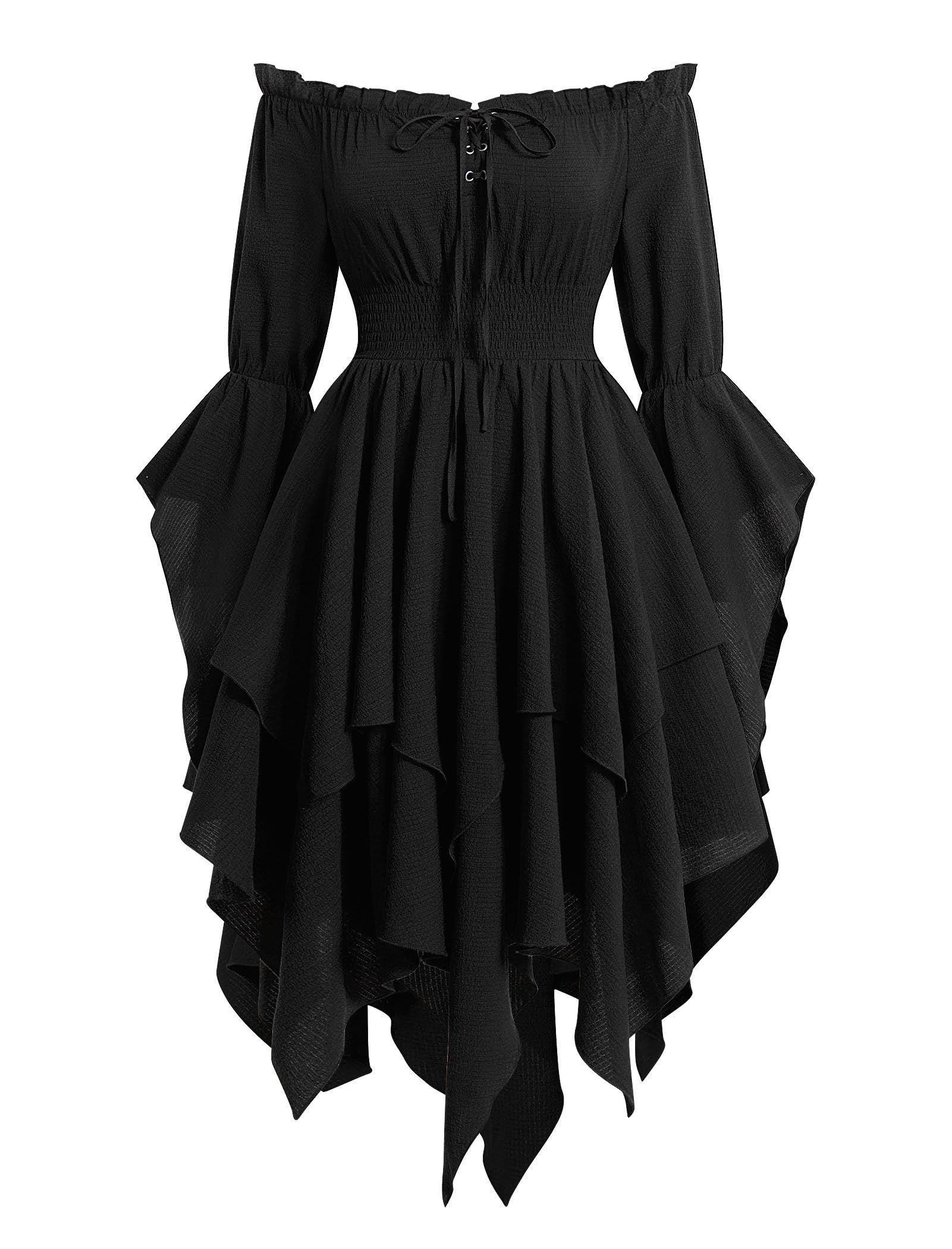 EFOGEP Womens Medieval Renaissance Dress Long Bell Sleeve Off Shoulder Asymmetry Hem Vintage Victorian Gothic Dresses for Costume Parties Festival Casual Black XL