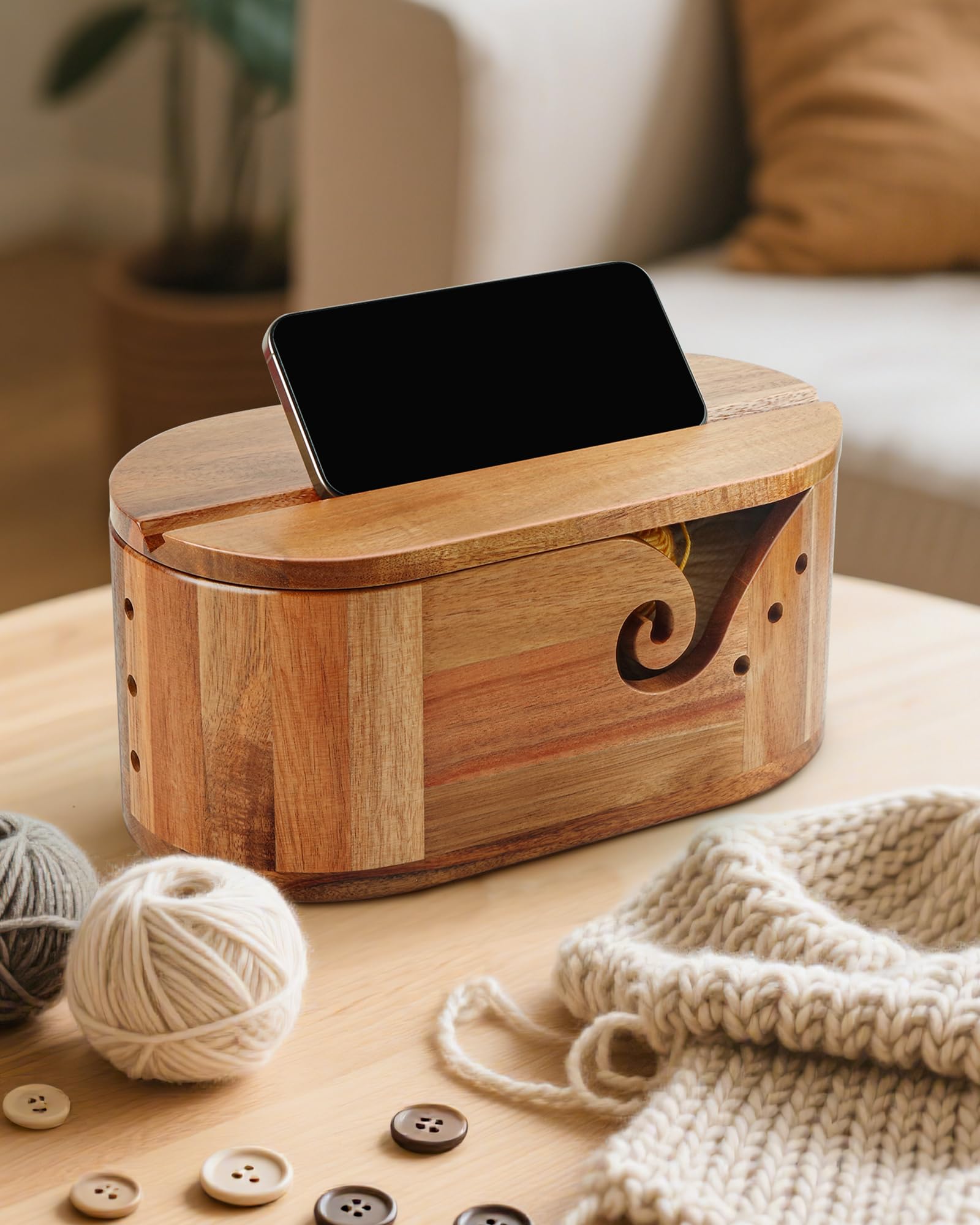 Oval Yarn Bowl, Crochet Yarn Holder with 9pcs Knitting Hooks, Yarn Storage Crochet Bowl Knitting Gift for Crocheters, Large Yarn Bowl Acacia Wooden 11.3x5.9x4.7inch (Acacia Yarn Bowl with Lid)