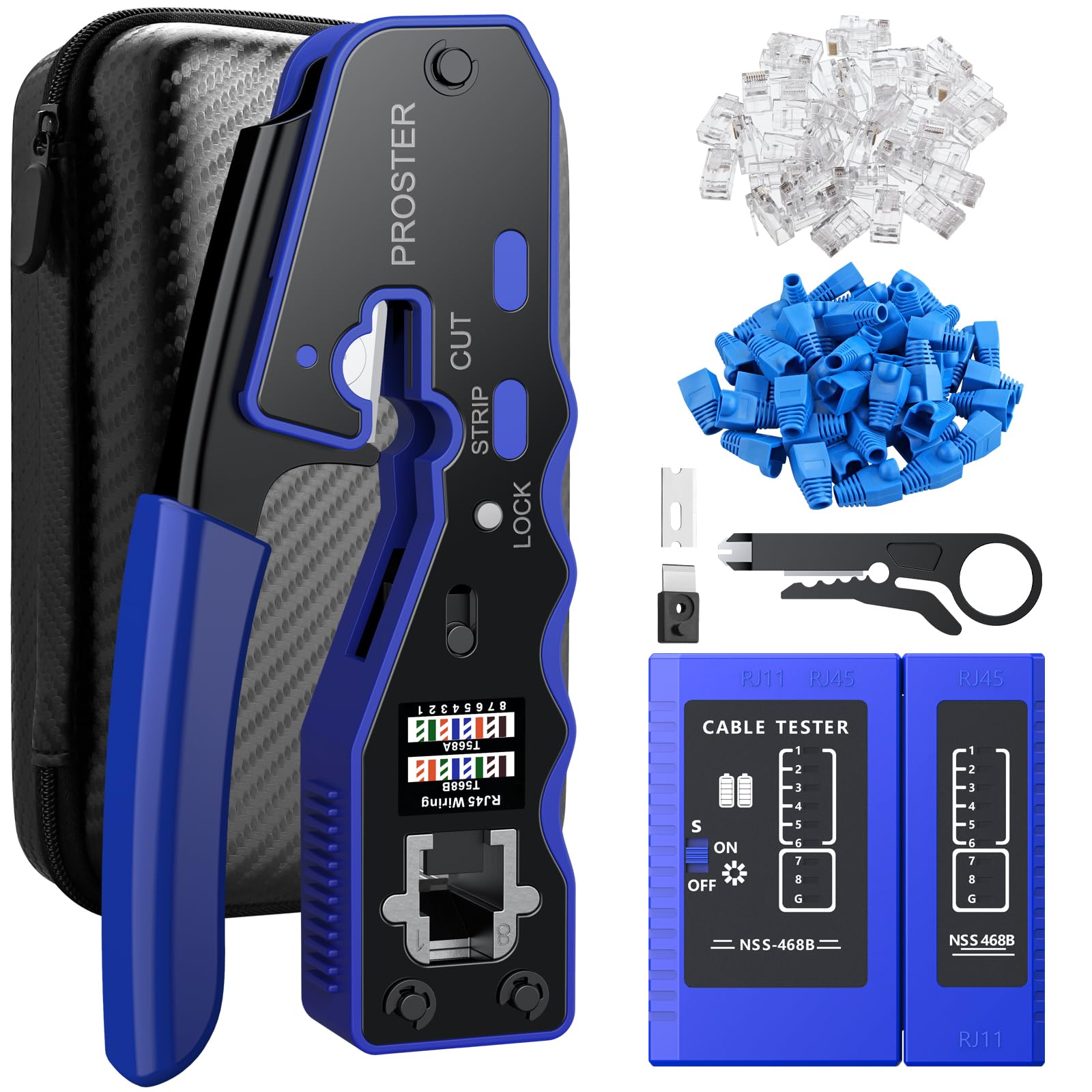 Proster RJ45 Crimp Tool Kit - 3 in 1 Pass Through RJ45 Crimper Ethernet Crimping Tool for RJ45 Cat5/5e Cat6/6a with Cable Tester Stripper 50PCS Cat6 Pass-Through Connectors and Protective Covers — image 1