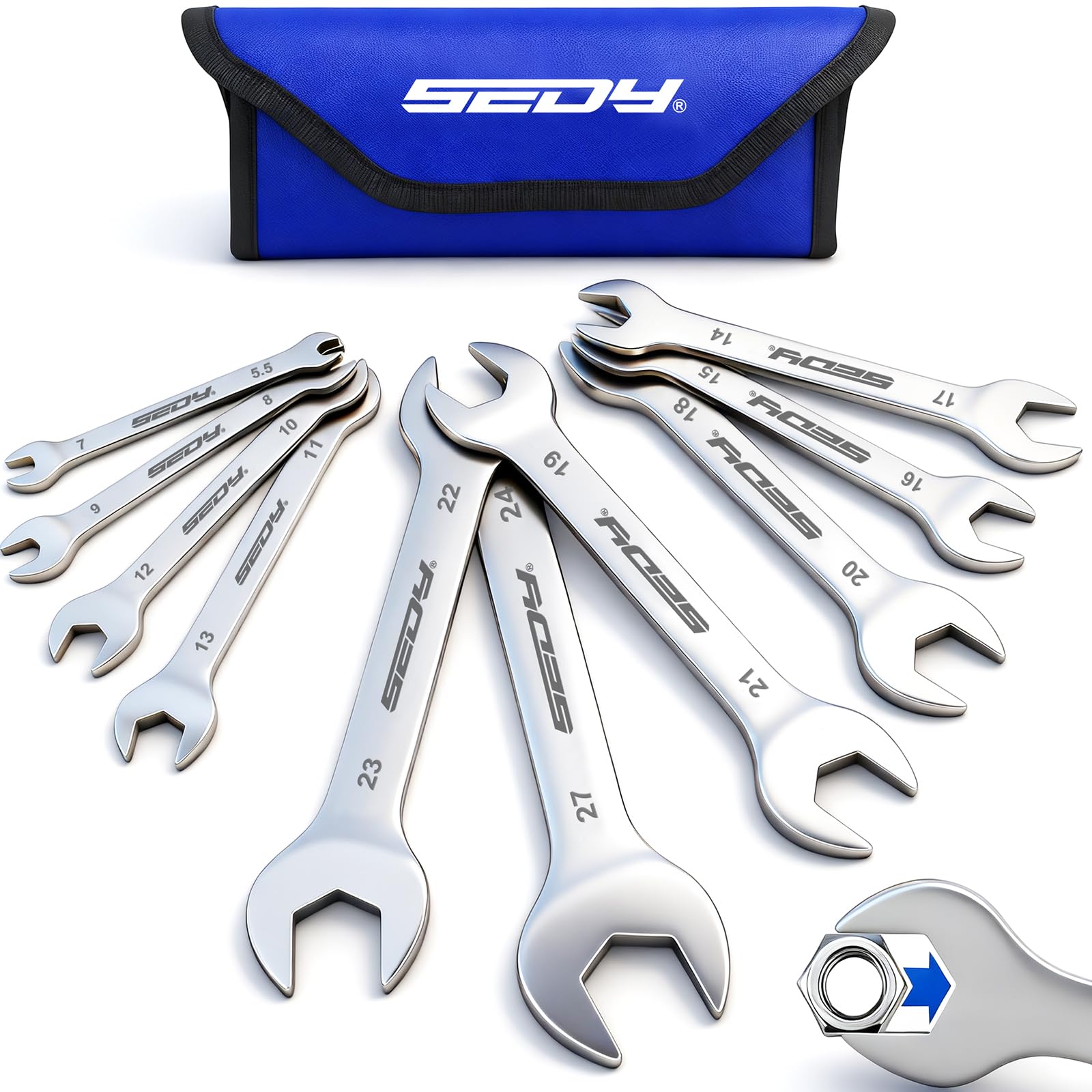 Photo 1 of 10-Piece Super Thin Open-End Wrench Set, Metric 5.5–27mm, 3mm Thickness Slim Wrench Set for Tight Spaces, Nickel Plated Flat Wrenches with Rolling Storage Pouch