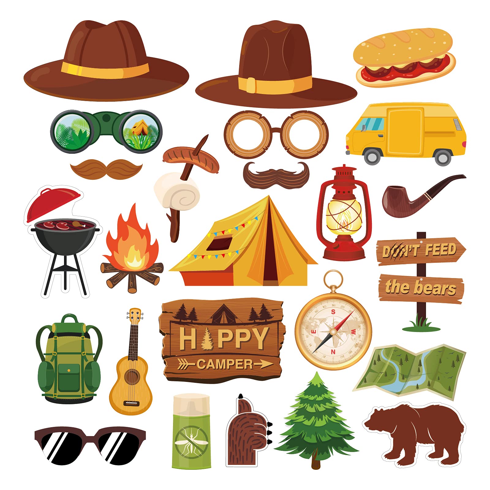 Photo 1 of 25Pcs Happy Camper Party Photo Props, Camping Adventure Photo Booth Props with Stick and Dot Glue for Camping Birthday Party, Baby Shower,Backyard Camp Out Campfire Hiking Adventure Party Decor