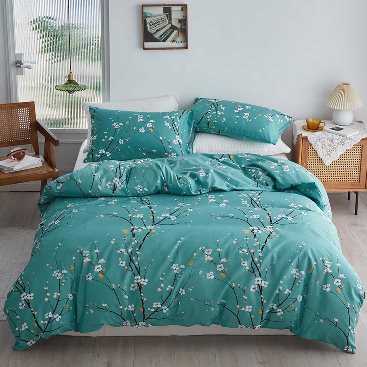 STYHO Floral Duvet Cover Teal Single Size Plum Blossom Flower Bedding Set with Pillowcase Soft Reversible Botanical Branch Printed Bed Cover with Zipper Closure(Teal, Single)