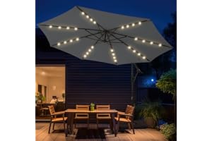 wikiwiki 10ft Solar LED Offset Hanging Market Patio Umbrella for Backyard, Poolside, Lawn and Garden,Easy Tilt Adjustment, Polyester Shade & Cross Base, Grey