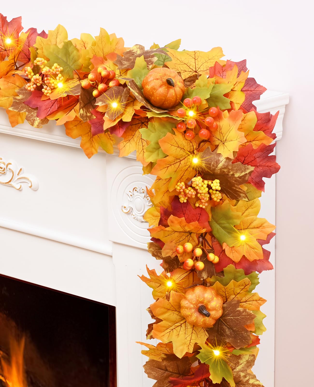 Photo 1 of 2 Pcs Fall Decorations for Home, 12 FT Fall Leaves Garland with Maple Leaves Lifelike Pumpkins & Berries, Fall Garland with Lights for Mantle Table Centerpiece Thanksgiving Fall Home Decor