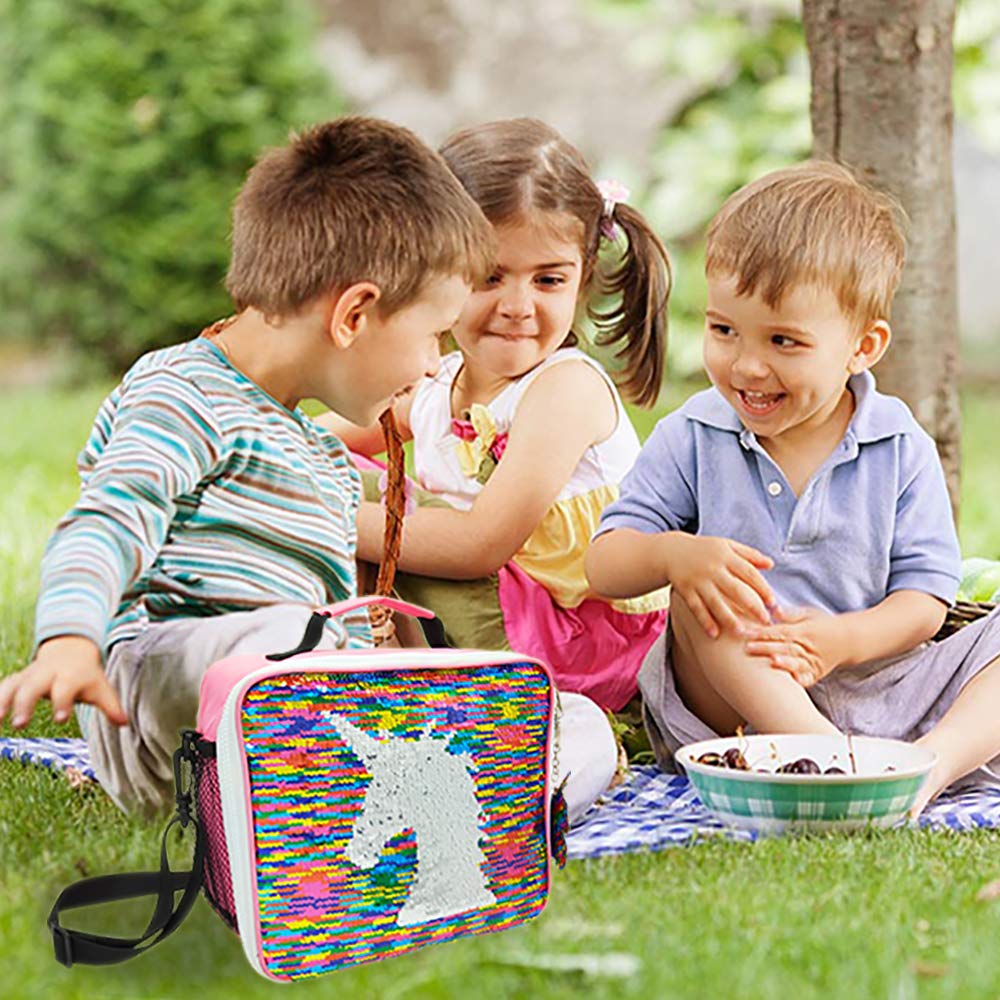 Insulated Unicorn Lunch Bag for Girls, Flippy Sequin Kids Lunch Box with Shoulder Strap and Compartment, Childrens Picnic Cooler Bag with Bottle Holder, Personalised Lunch Tote Bag for School