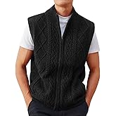 Runcati Mens Full Zip Sweater Vest Cable Knitted Cardigan Stand Collar Casual Sleeveless Sweaters