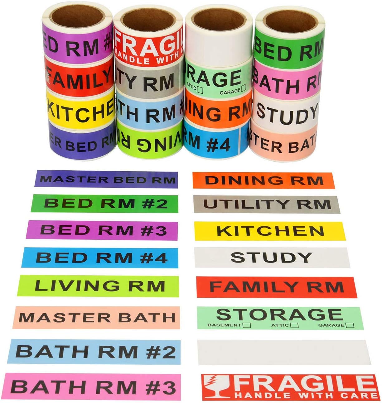 960 Count Home Moving Color Coding Labels - 14 Different Living Spaces Packing Boxes Moving Stickers + 1 Roll Fragile Stickers + 1 Roll Blank Label for Customization - 16 Rolls Total, 60 Labels/Roll : Office Products